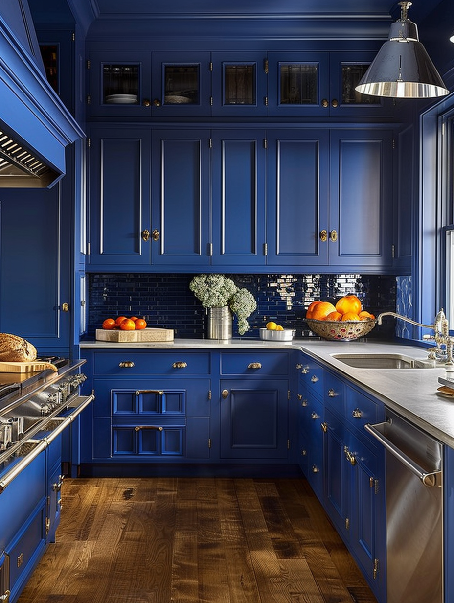 Blue Kitchen. Cobalt blue painted wooden cabinets with brushed silver hardware.