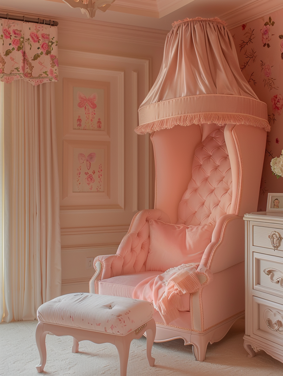 Nursery. Baby girl lounging chair in soft pink color.