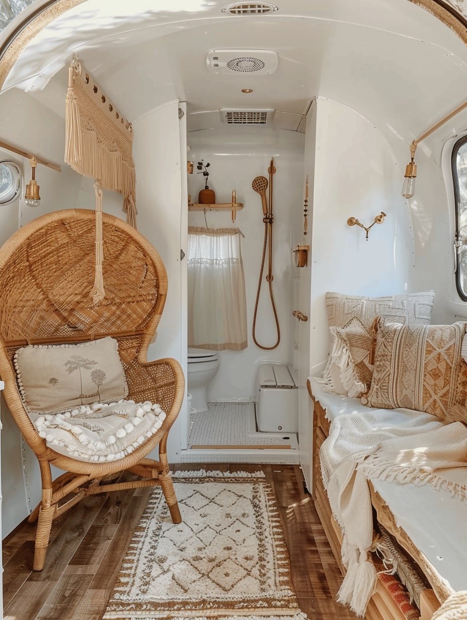 Full interior view of boho-designed camper. On display are a pastel-colored peacock chair, Aztec print floor cushions in sand hues, and a whitewashed shower with quirky brass fixtures.