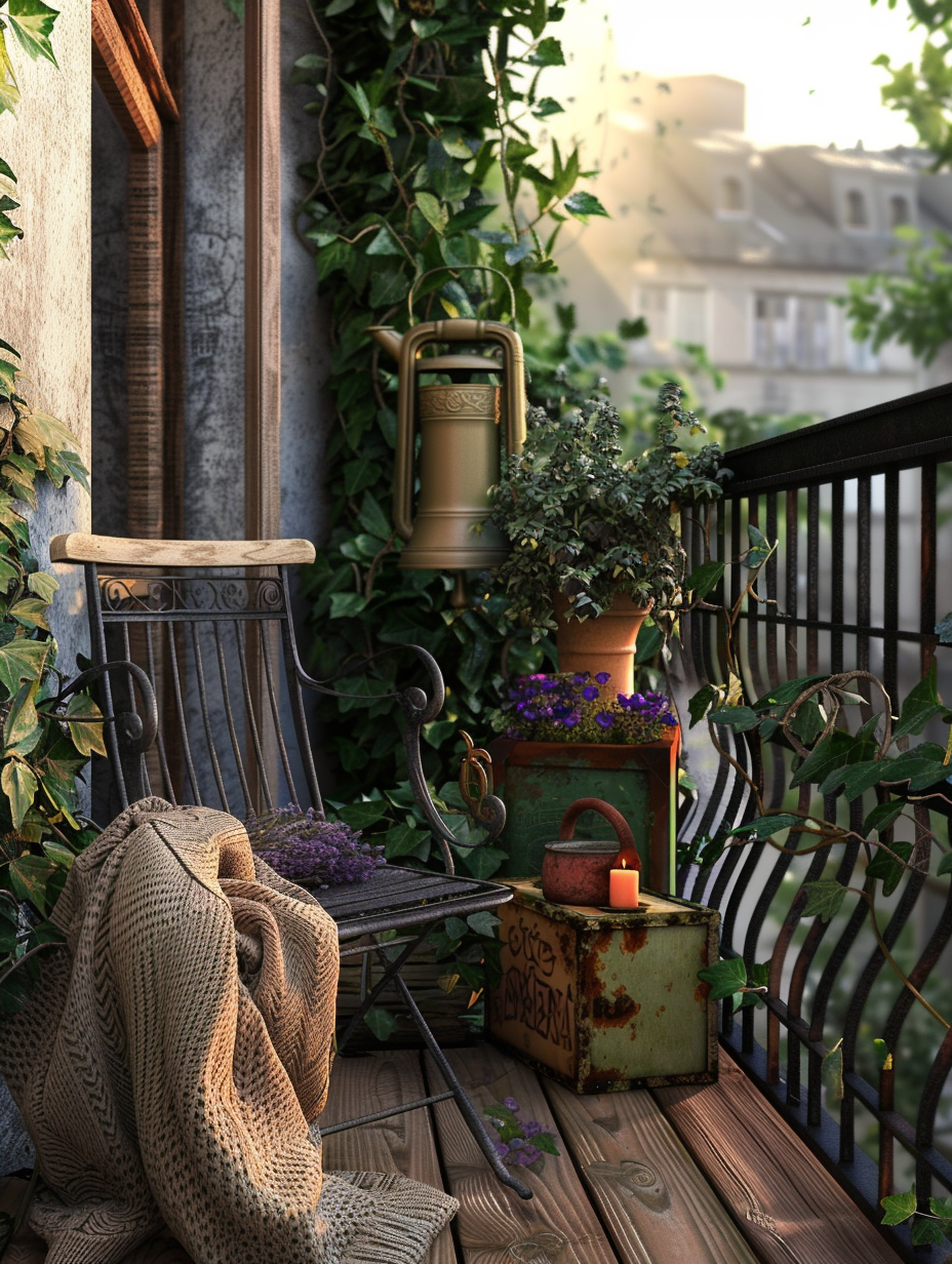 Small and rustic designed balcony. Ivy railings with faded brown wooden floorboards, wrought iron black chairs delicately flecked with rust and an old tan leather trunk repurposed as a coffee table, touched by morning sunlight. A green climbing plant with small purple flowers creeps into the scene by the rails. In the corner stands a traditional-looking irrigating can, well-used and weathered, with paint chipping off its light blue surface, overshadowed by a narrow rustic lantern-holder, with the soft orange glow of a clustering ivy patterned candle inside it. A simple earth-tone knitted throw is casually draped across the chair inviting a simple depth to the setting. The view through a framing lattice window gives away, partially, a sleepy surburbanne morning wrapped in heavy morning mist that blankets a monotonous grey rooftop and restless birds. The backdrop revolves around a resounding painting of a slightly rusted, white town bell hanging loosely from a crooked dark wooden mount Hzd in the wall.