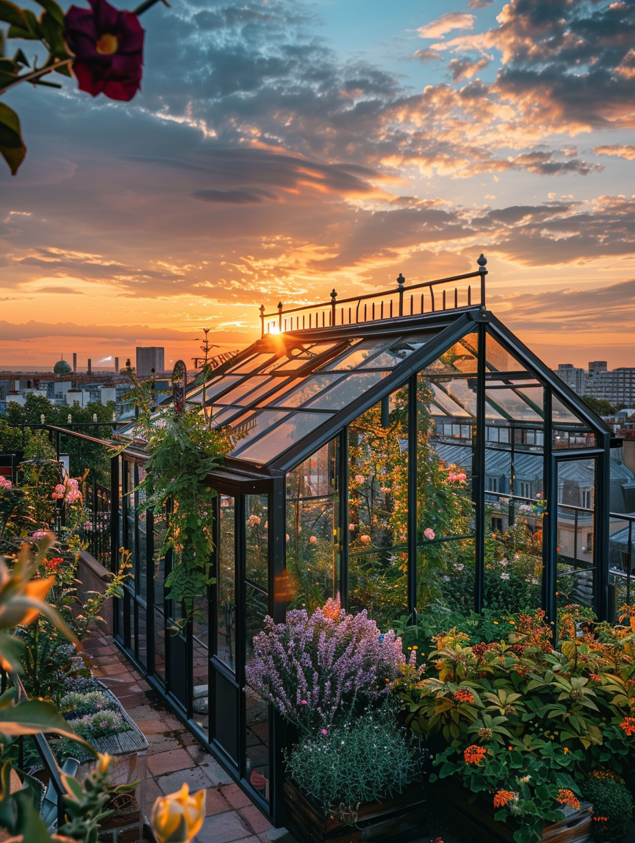 Small and beautiful urban rooftop. Glass greenhouse with climbing ivy and surrounding flowerbeds, overlooking a city during sunset.