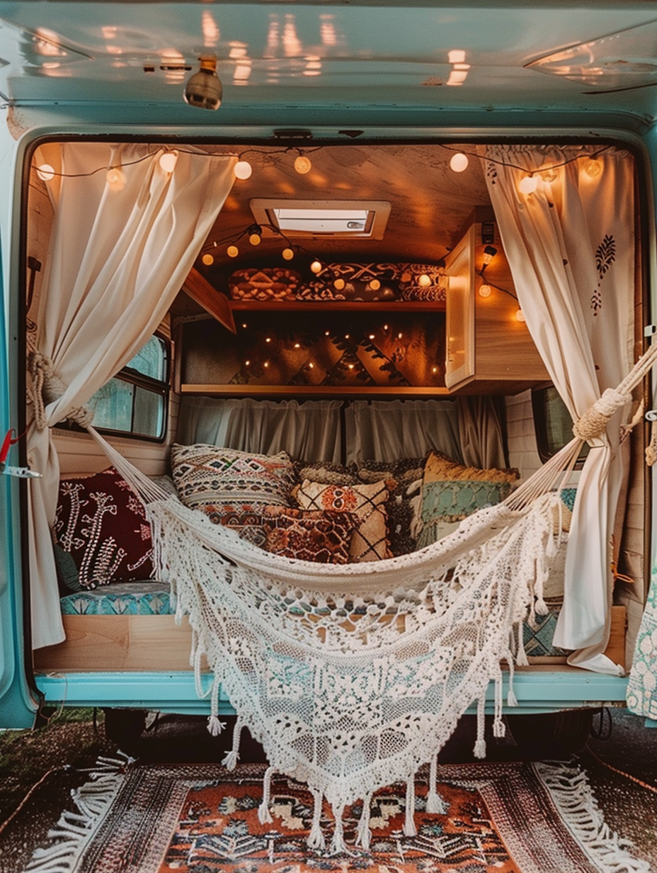 Boho designed camper. A vintage aquamarine camper with a chilled vibe interior featuring a cream colored crochet hammock, cinnamon wood floor with detailed Persian rugs, stringed fairy lights softly twinking, and an open layered curtain revealing a cozy sleeping nook stacked with multi-patterned tribal pillows.