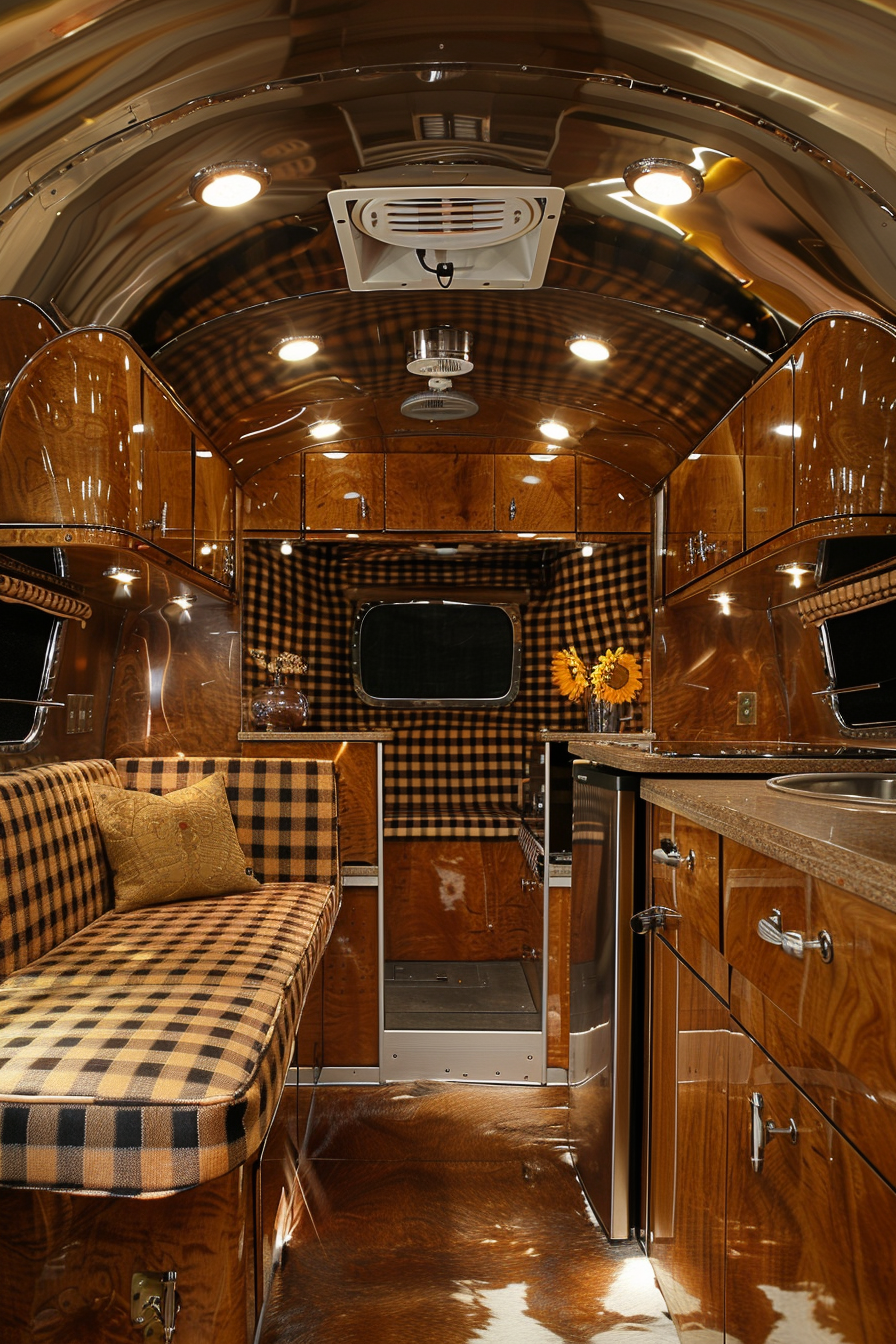 View of a small camper interior. Warmed-toned wood cabinetry with checked pattern seat cushioning and gleaming chrome appliances.