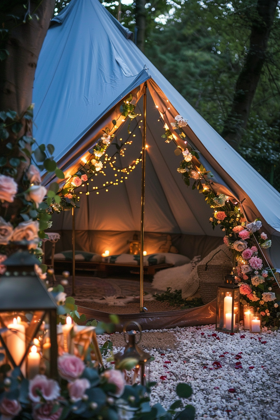 Glamping theme. Sapphire blue tent with a flower garland around the entrance, complemented by flickering candlelight reflecting off antique bronze lanterns and twinkling fairy lights intertwined in nearby trees.