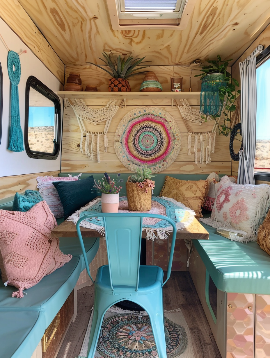 Full interior of boho designed camper. Desert sand colored walls with handmade crocheted wall art, teal mesh-back metal dining chairs, natural wood slab dining table, and Aztec inspired throw pillows with pastel pink, turquoise, and cream-y gold accents.