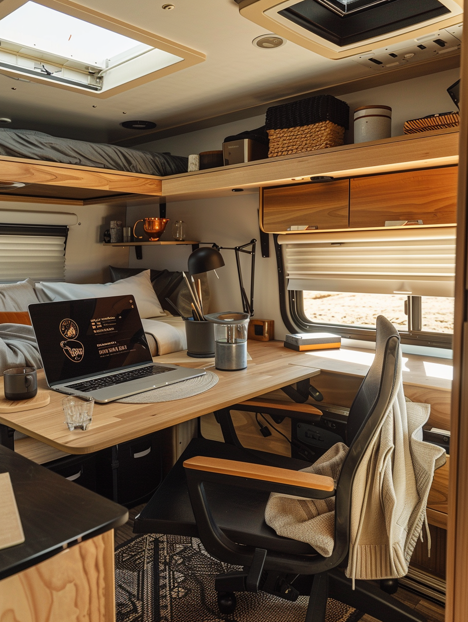 Interior of remote working RV. An oak wood working desk paired with an ergonomic office chair, a sleek foldable laptop table in bedroom area, compact kitchenette equipped with essential appliances, a murphy bed tucked against the wall, and bohemian-inspired deco items scattered around.