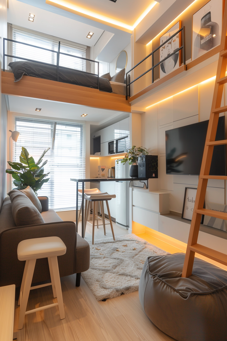 Full view of a small, minimalist apartment. Loft bed with built-in ladder, grey futon couch underneath, wall-mounted flat screen TV, square bar height dining table with two stools in white against a tall window with open roller blinds, variable-color LED strip lighting around ceiling edges, light wooden flooring, compact u-shaped kitchen with black marble countertop and stainless steel appliances, one double-hinged cream-colored door showcasing a clean white bathroom with a glass wall shower stall, a monstera deliciosa plant placed in a corner beside a slim white bookshelf, dull metallic touch-based standing lamp adjacent to the couch, mirror installed on the wall to gas cooked section, from birds-eye view.