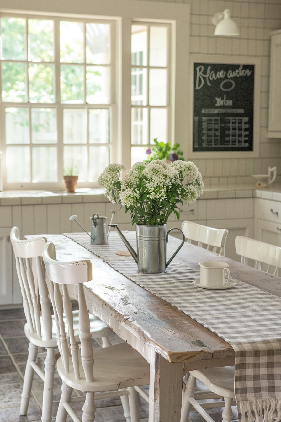 Farmhouse kitchen. Early morning sun highlighting white subway tile backsplash, distressed wooden cabinets, stone floors, large oak table with checkered tablecloth, watering-can floral centerpiece, a dusty chalkboard menu on the side wall with white farmhouse chairs lined up neatly. Soft streaks of pink Glow from the rising Sun pouring in through the paneled windows.