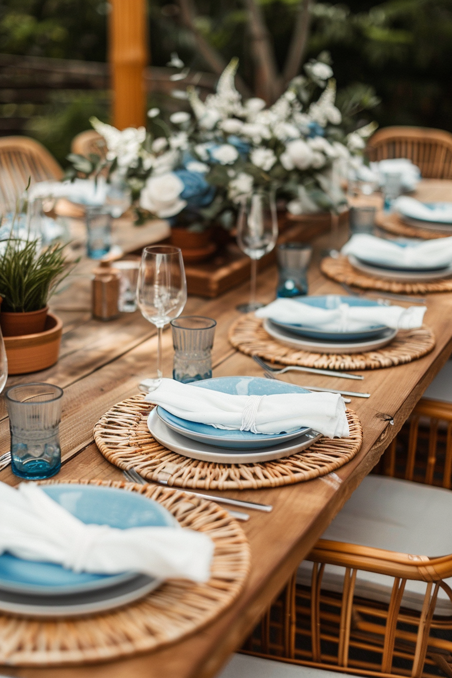 Backyard dinner party table decor. Wooden table setting with blue earthenware plates, bamboo placemats and white linen napkins.