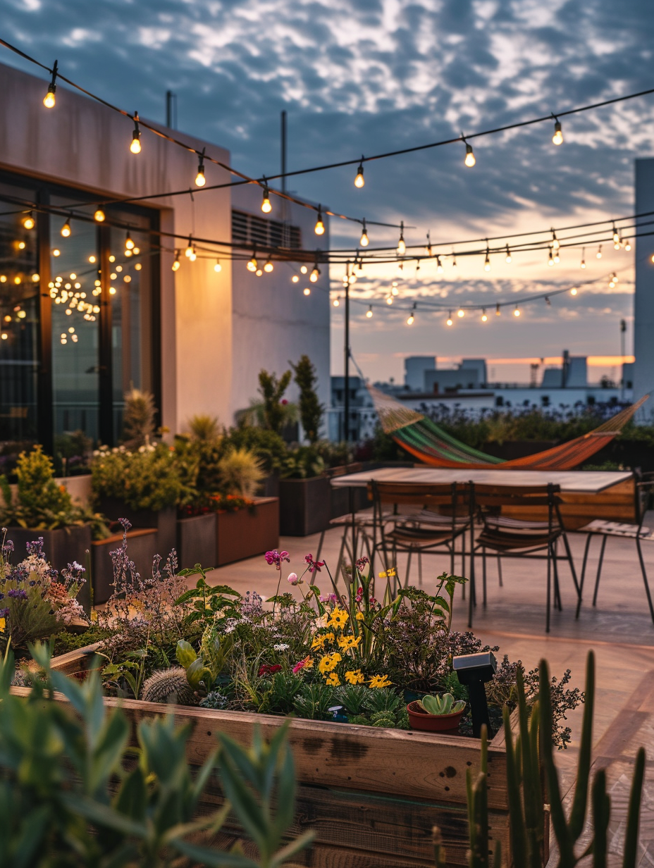 Small and beautiful urban rooftop. A garden filled with bright green small-leaved plants and blooming flowers in painted constructed wooden planters, under twilight sky background with space for hammock corner, terrace adorned by cafè string lights cross hanging overhead reflects in the standing galvanized steel dining table.