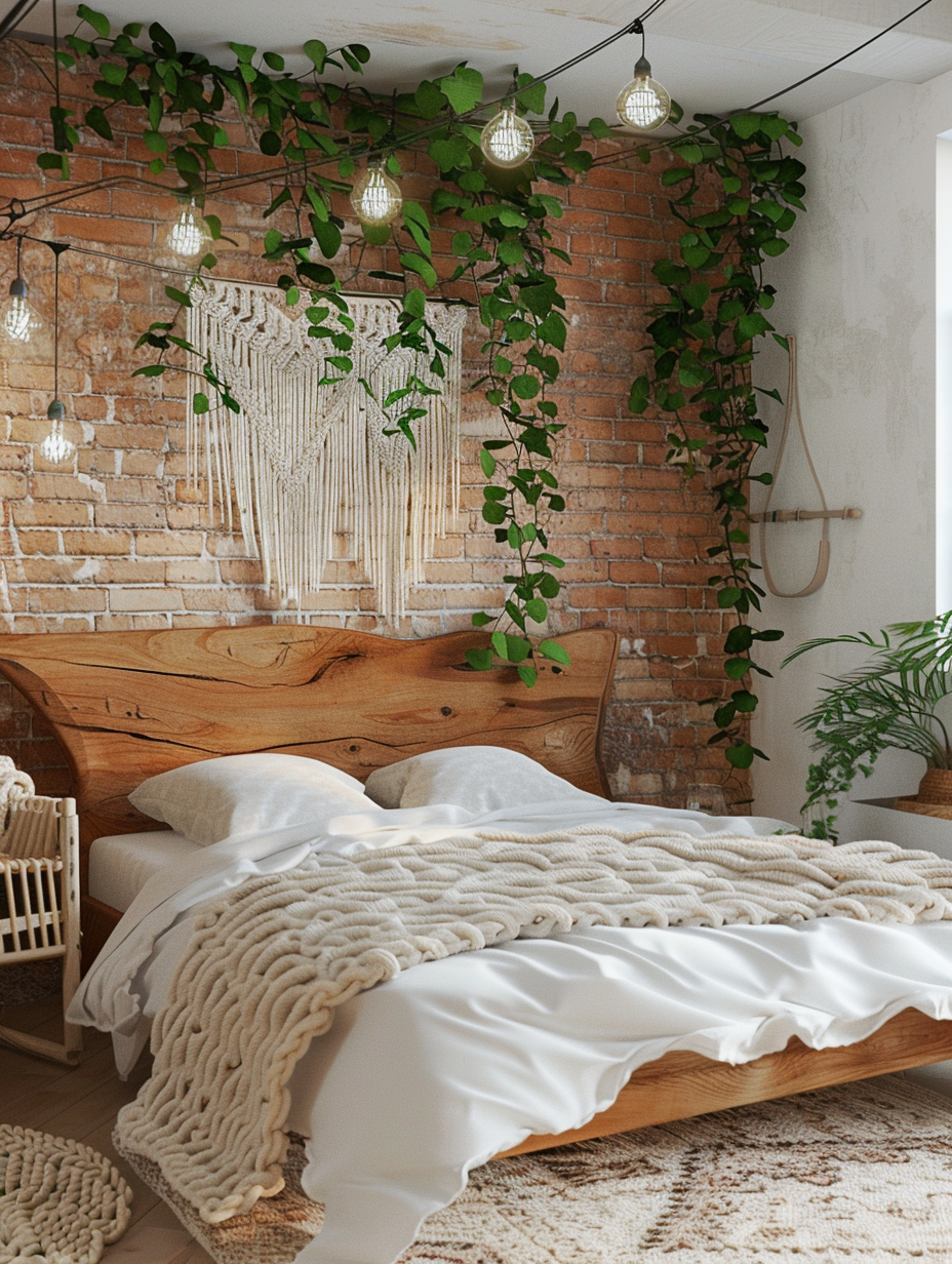 Loft Bedroom Interior, Boho Chic Style. Live edge wooden headboard against a brick wall, natural fiber rug, hanging foliage plants, white macrame wall decor, floor-standing mirror with a simple wooden frame, filament bulb lighting fixtures.