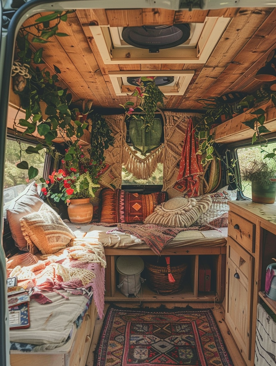 Boho camper design. Rustic wooden camper van interior with pastel painted walls, eclectic fabrics, macrame hangings, and lush potted plants.