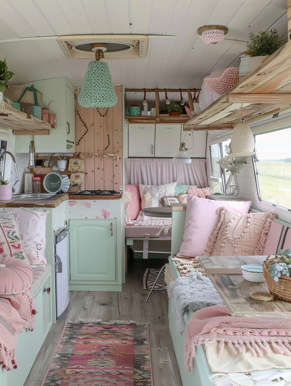 Interior view of boho-designed Camper. Pastel pink and mint green accents integrated with Aztec-patterned throw market and naturally weathered wood counters.