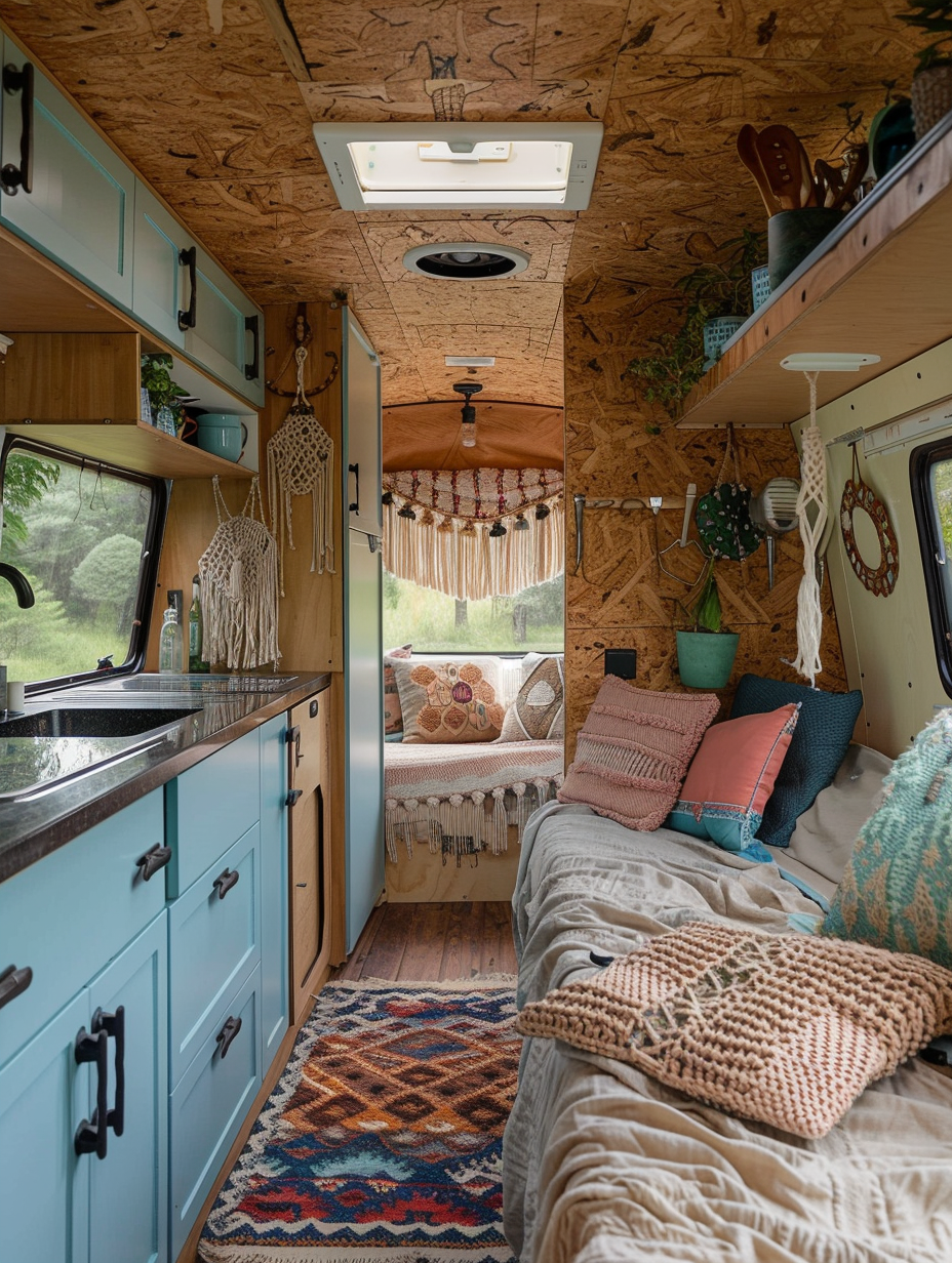 Full interior view of a boho-designed camper. Corkwood-covered walls, ochre-colored wool rug with Aztec pattern, hanging pastel pink macrame tapestry, taupe soft cushion-seats in eating area next to an open-aired kitchenette with baby-blue cabinetry and black granite countertop, drawn natural linen window shades for privacy, and turmeric-toned sleeping area with crocheted cream bedspread.