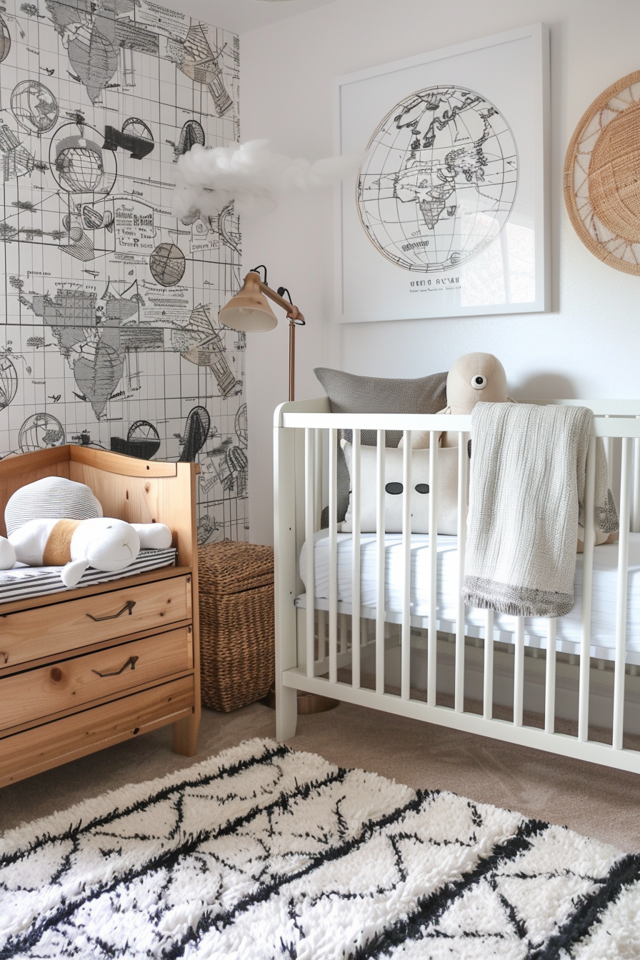 Baby boy nursery room. Cool monochrome theme, sustainable wood furniture, detailed globe-patterned wallpaper.