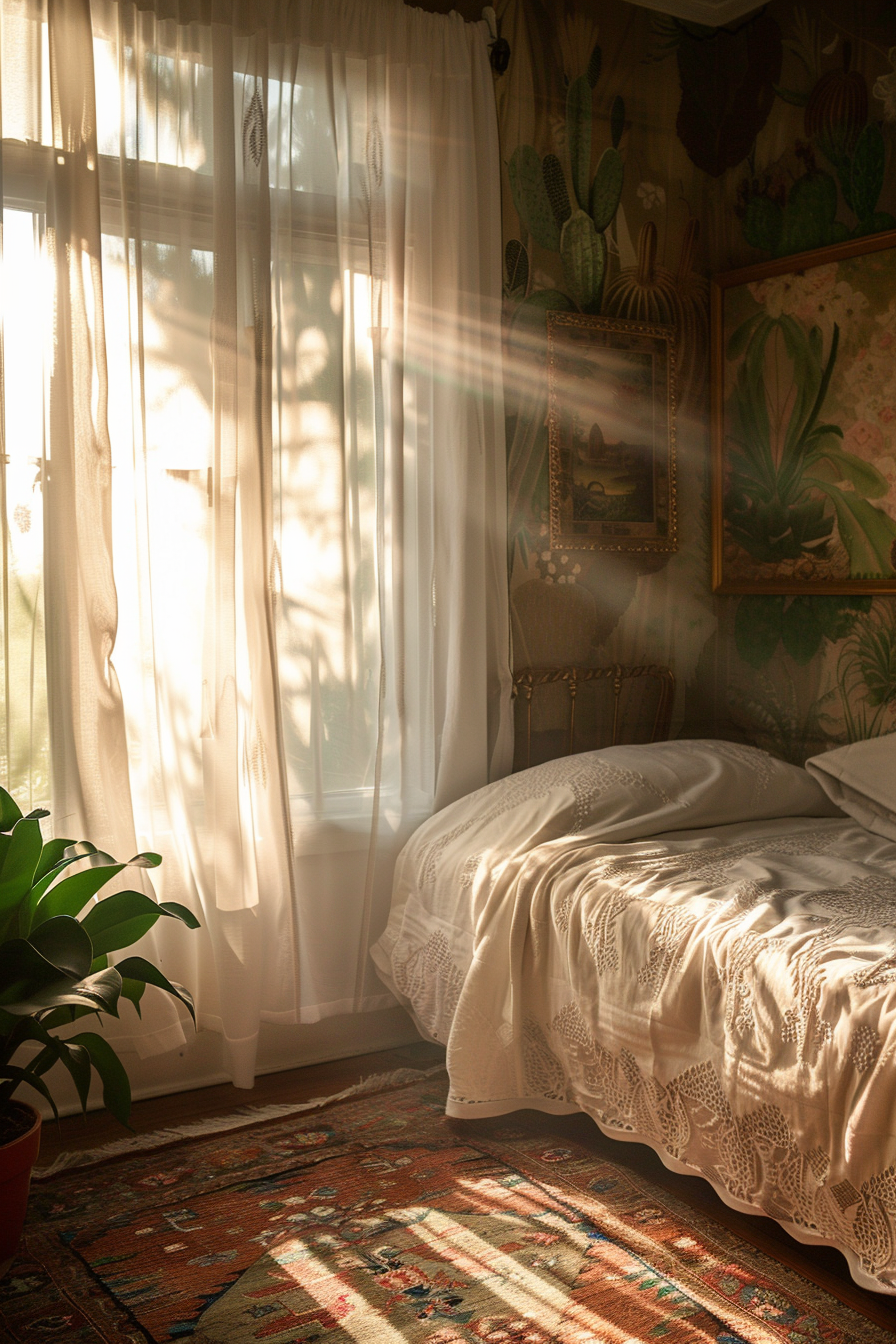 Hotel room. Sand-colored walls with cacti prints, flurry rugs, sunbeam through sheer curtain.