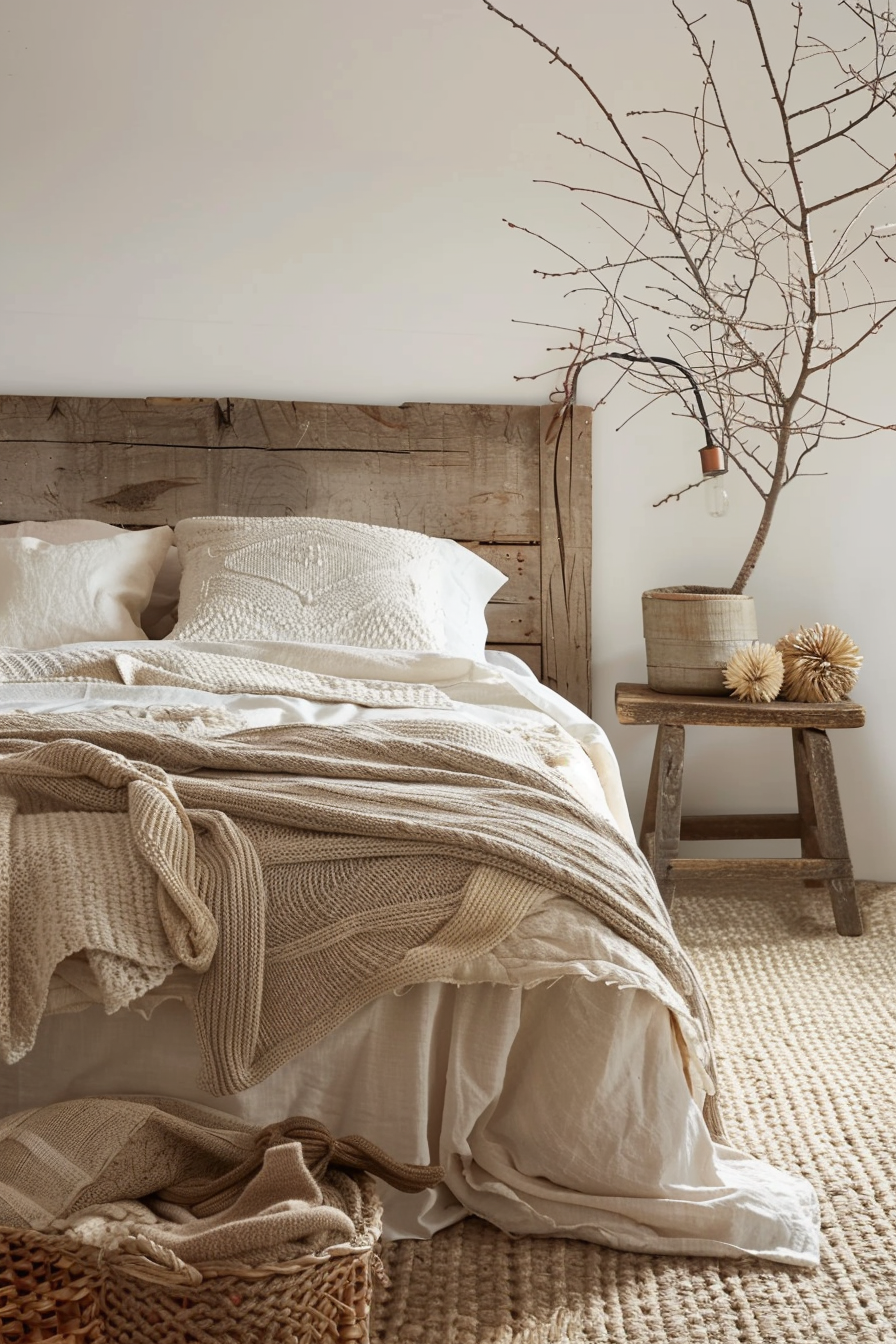 Neutral bedroom. Creamy white walls with woodgrain accents and softly woven beige throw.