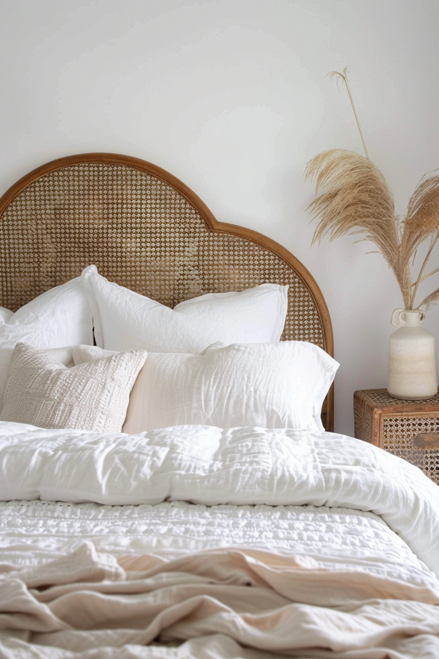 Neutral bedroom. White linen bedding with earth-toned wicker headboard.