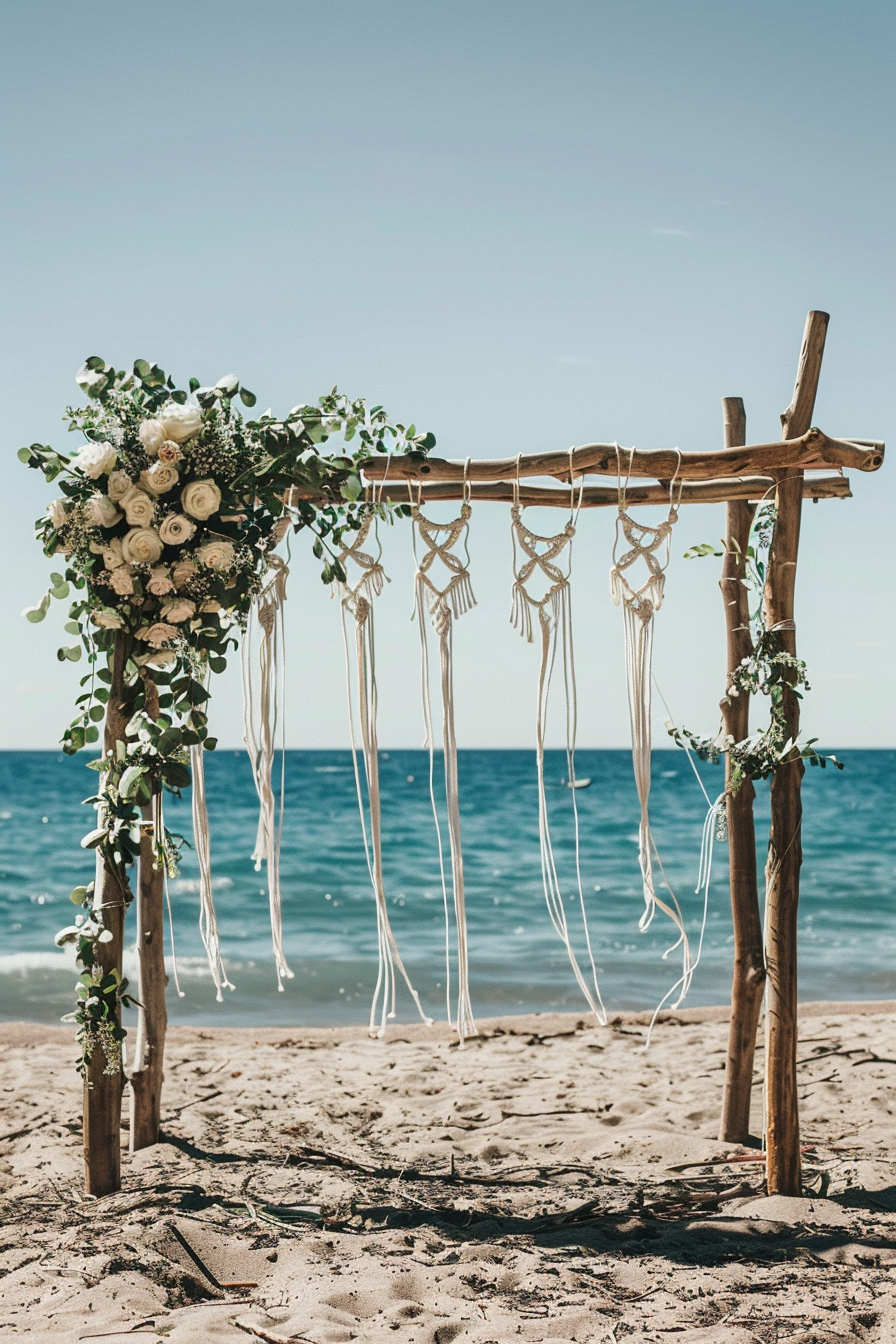 Boho beach wedding. Driftwood arch with white roses and macrame hangings.