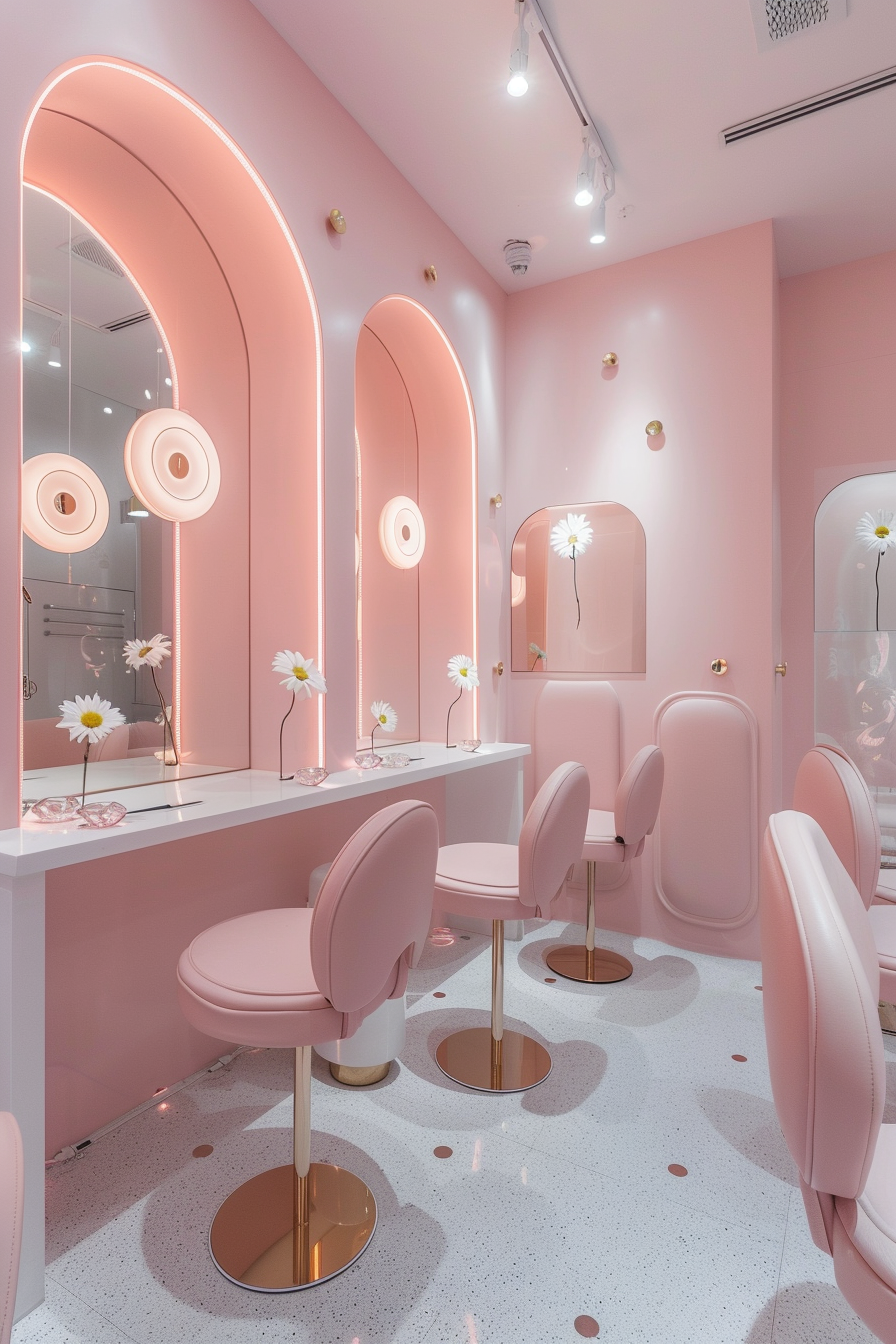 Nail salon design. Trendy pink manicure tables, wall-length mirrors, daisies and rose-gold accessories.