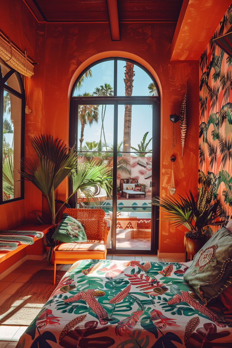 Desert-inspired hotel room. Terracotta walls, palm leaf patterns, floor-to-ceiling windows, succulent arrangements.