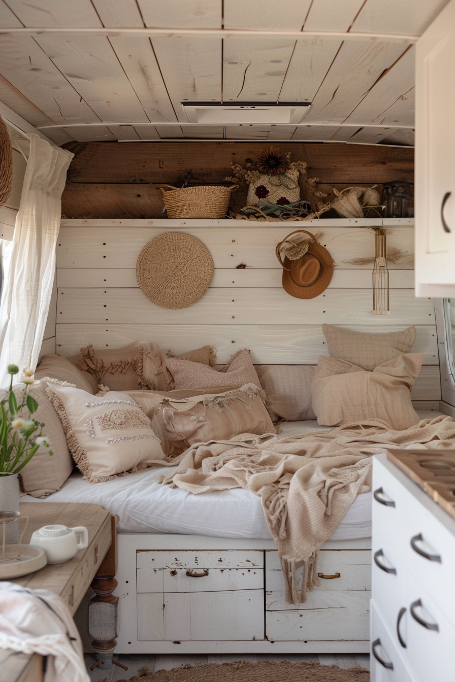 Converted Sprinter van camper. Each detail infused with shades of blush, linen, and driftwood.