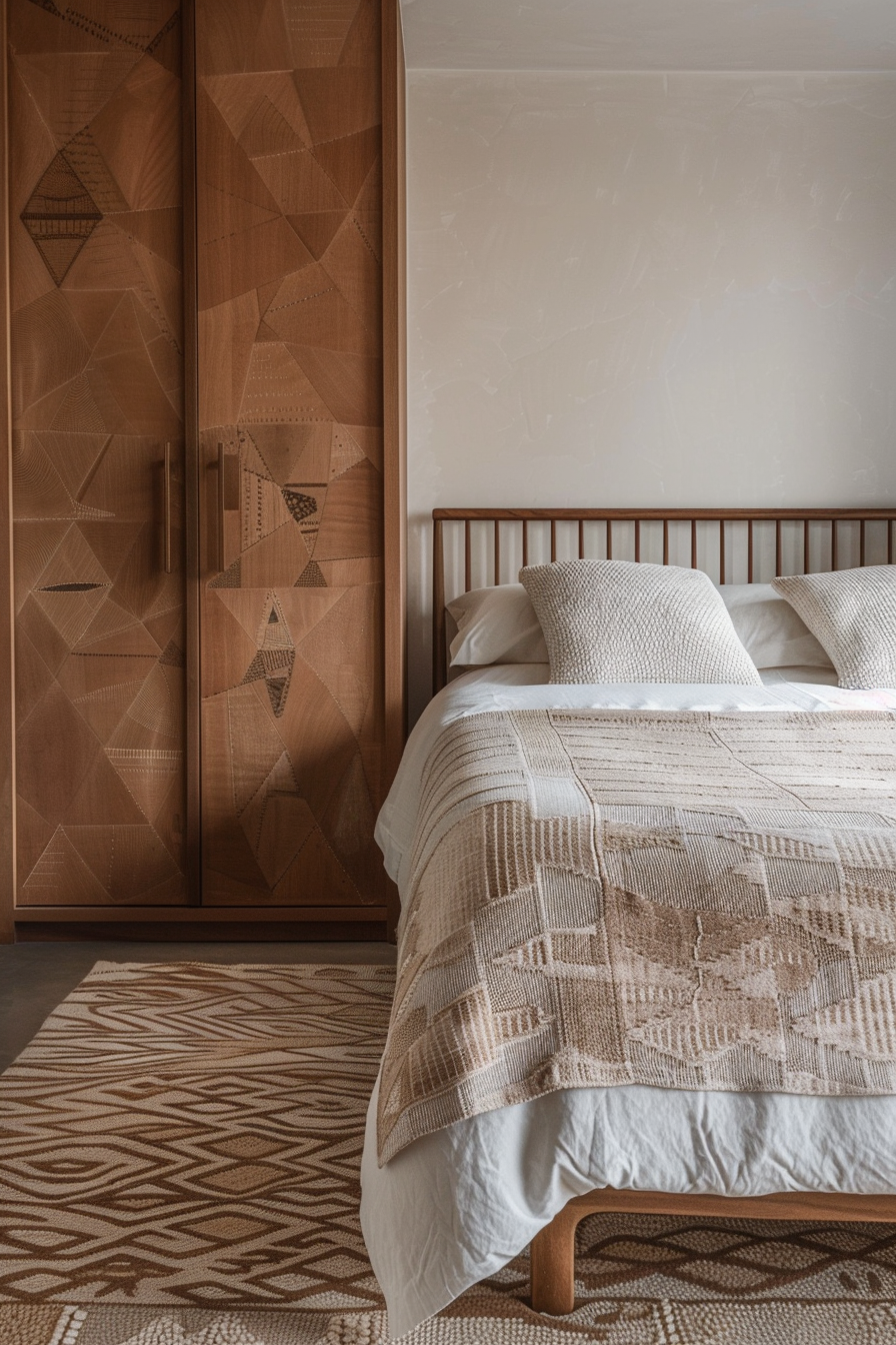 Japandi x Aztek bedroom design. Minimalist mid-century wood furniture with intricate geometric patterns.