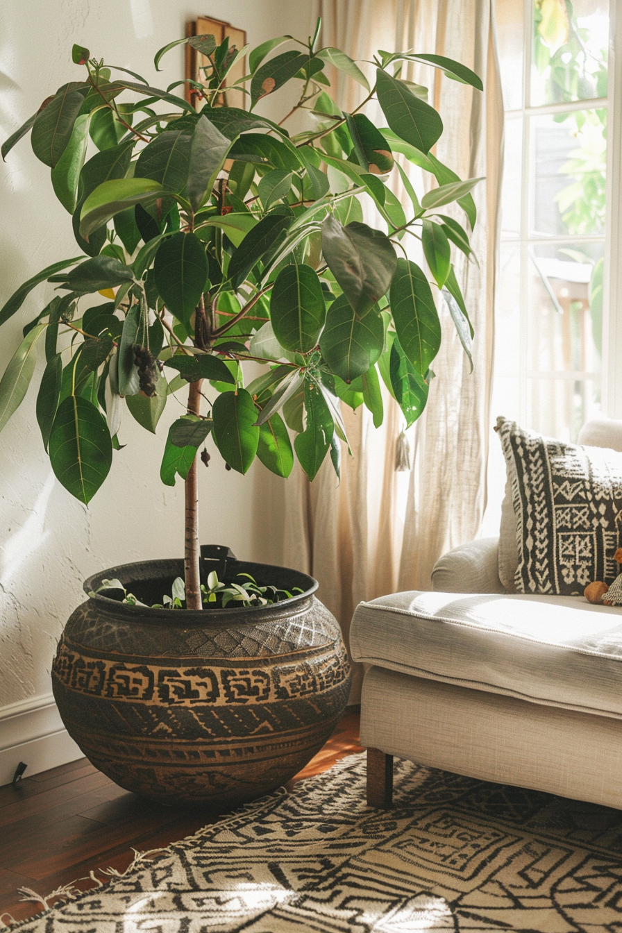 Boho-modern and earthy living room. African mud cloth curtains with large indoor ficus tree.