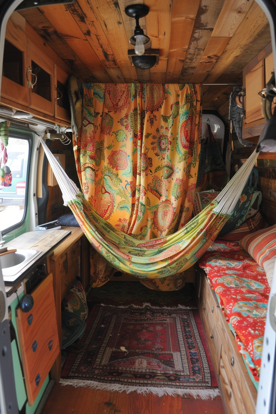 Converted Sprinter van camper. Paisley curtains and a hammock.