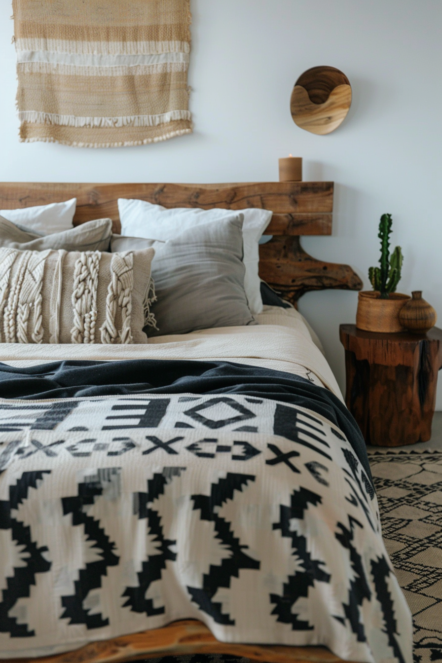 Japandi x Aztek bedroom design. Timber wabi-sabi bed frame with geo-pattern quilt.