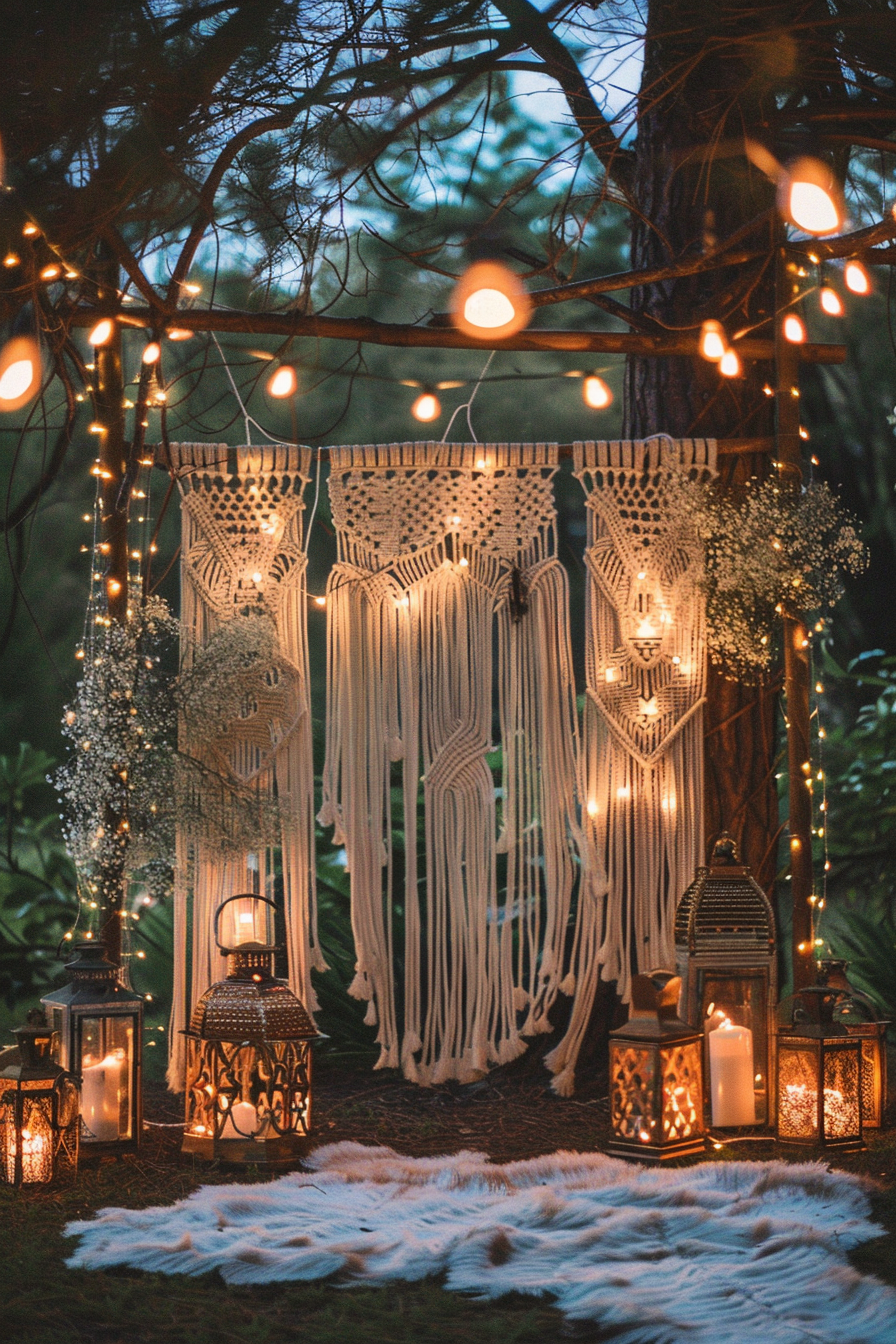 Boho wedding. Macrame backdrop with antique lanterns under twinkle fairy lights.