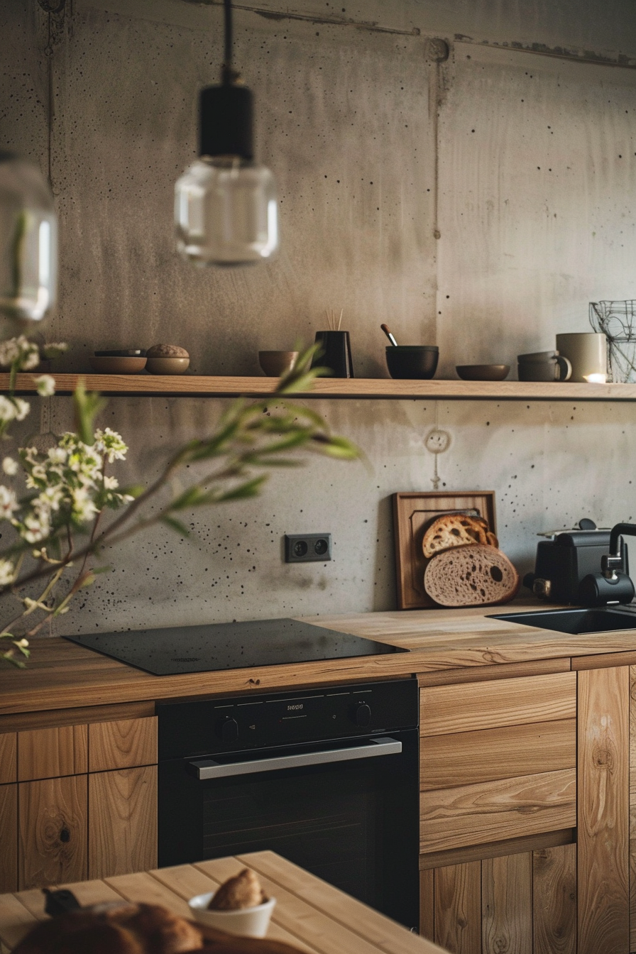 Japandi kitchen. Natural wood elements with black Scandinavian minimal toast oven.