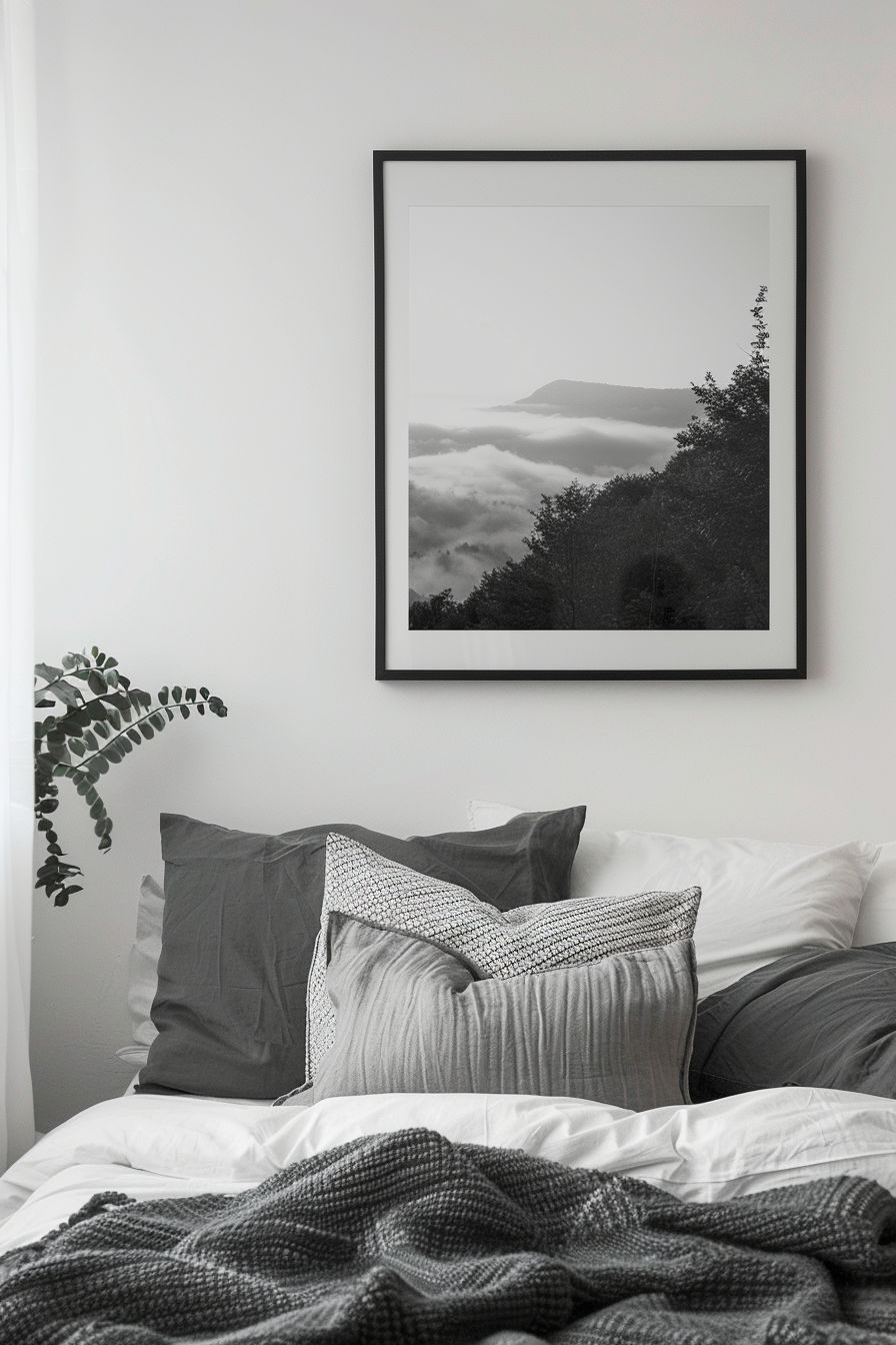 Minimalist dorm room. White walls with single black and white landscape poster.