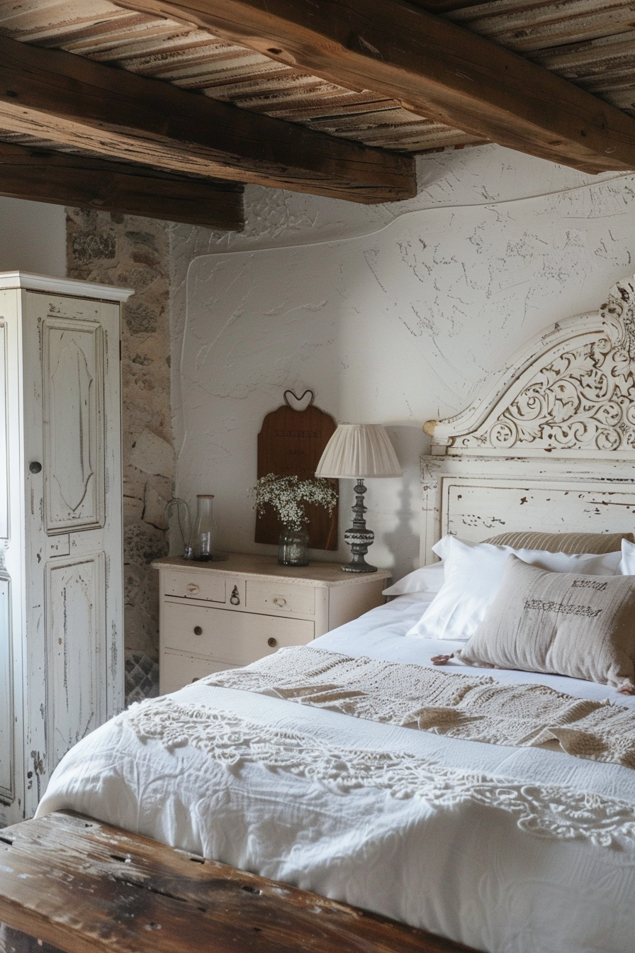 Bohemian Bedroom design. Rusted metallic elements amongst white distressed furniture.