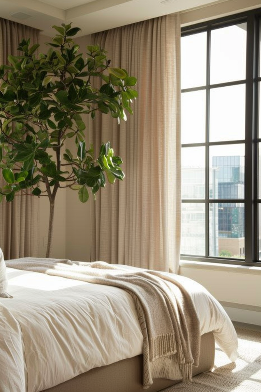 Hotel room. Earth-tone linens, large windows, ficus tree.