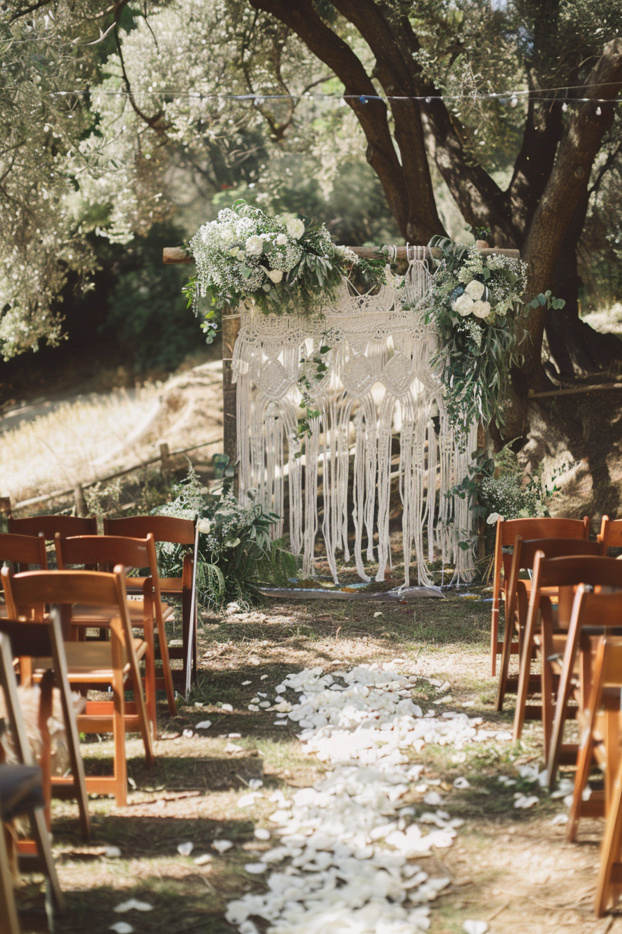 Boho wedding. Macrame backdrop, mismatched wooden chairs, touches of eucalyptus.