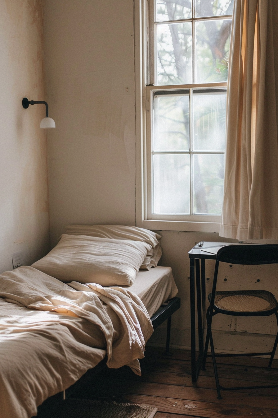 Minimalist dorm room. Twin bed with beige linen, a black metal chair, and single white desk lamp.