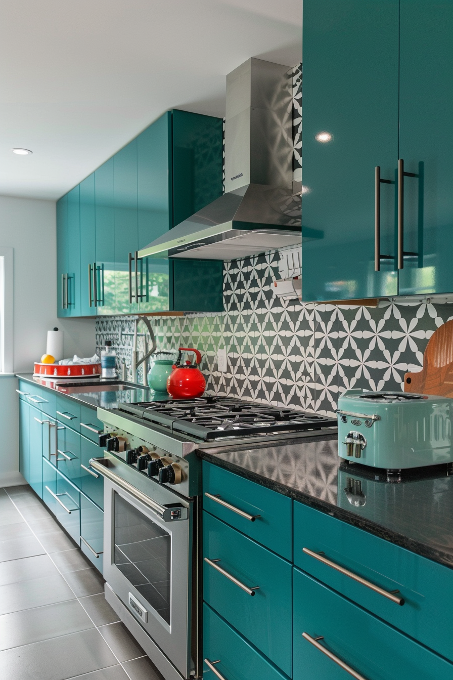 Mid Century Modern Kitchen. Vibrant teal cabinets with geometric patterned backsplash.