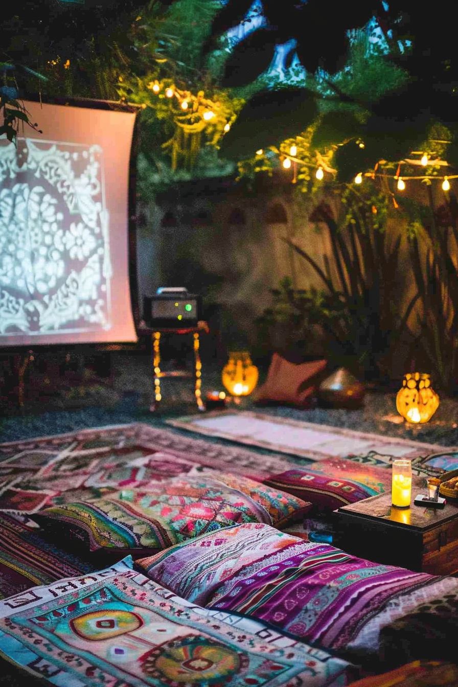 Backyard movie night. Dyed sari tapestries, projector on stand, fashionable picnic layout.