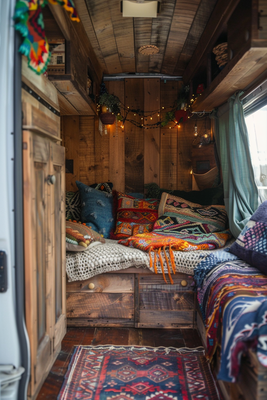 Converted Sprinter van camper. Boho interior with indigo textiles and warm wooden finishes.