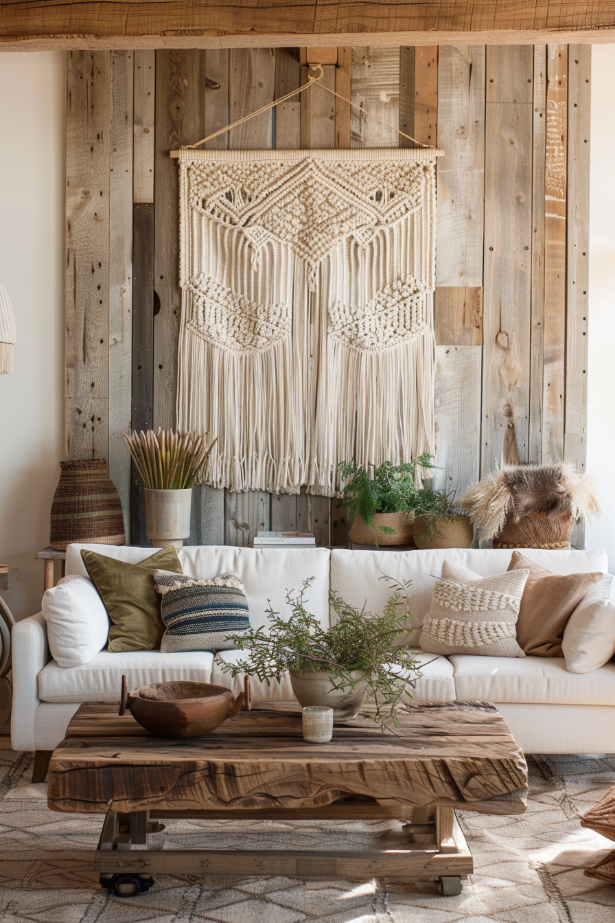 Boho-modern, earthy living room. Neutral-toned macrame tapestry on reclaimed wood wall.