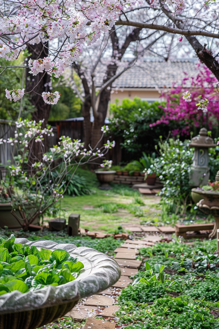 Backyard view. Lettuce patch near a stone-textured birdbath under the cherry blossom in spring.