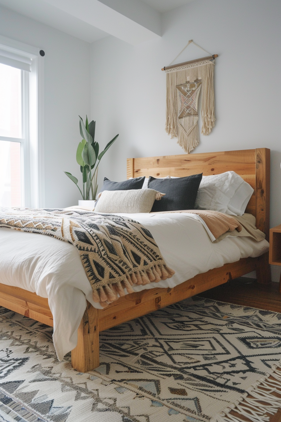 Japandi Aztek bedroom design. Light wood platform bed with aztec geometric rug.