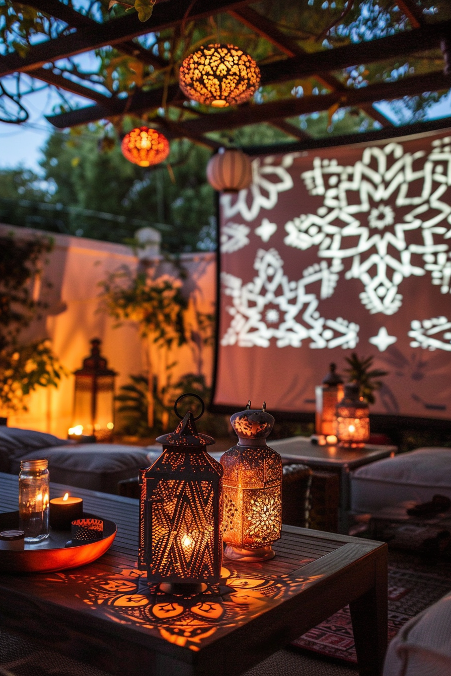 Backyard movie night. Moroccan lanterns casting patterned shadows on the projector screen.