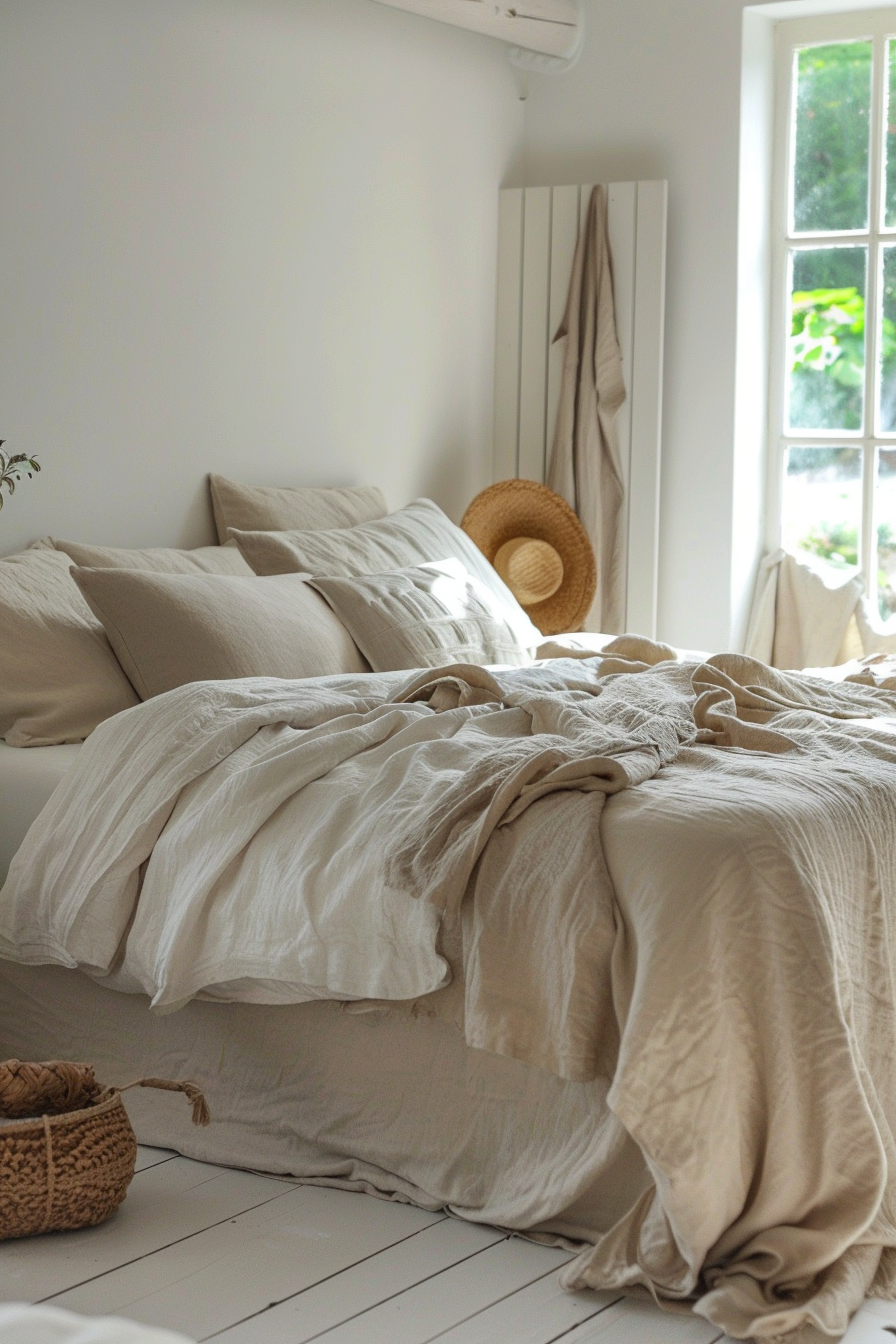 Neutral bedroom. White walls with beige linen bedding.