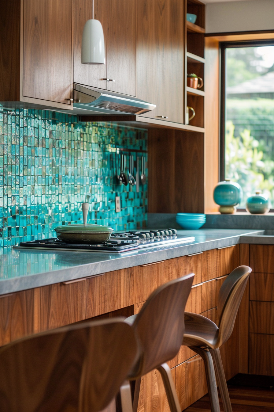 Mid Century Modern Kitchen. Turquoise tiled backsplash with wooden cabinetry.