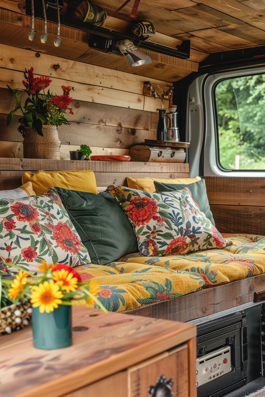 Modern camper van interior. Bright floral upholstery with rustic wooden panels.