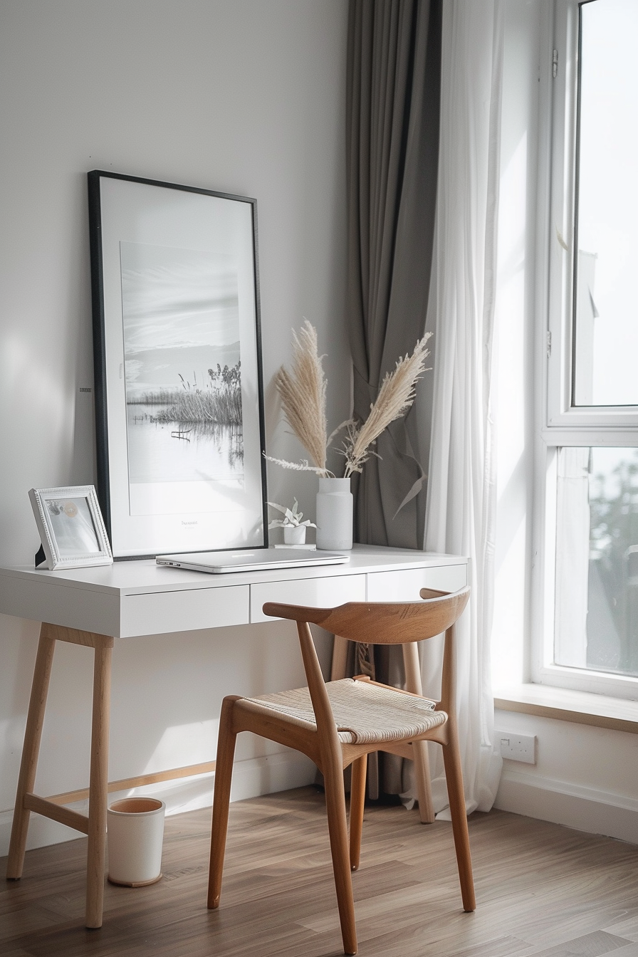 Minimalist dorm room. white desk with wooden chair, monochrome wall art.