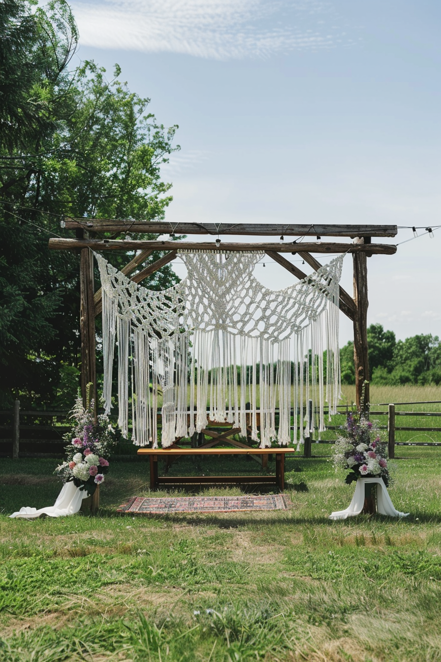 Boho designed wedding. Macrame backdrop on a rustic wooden altar.