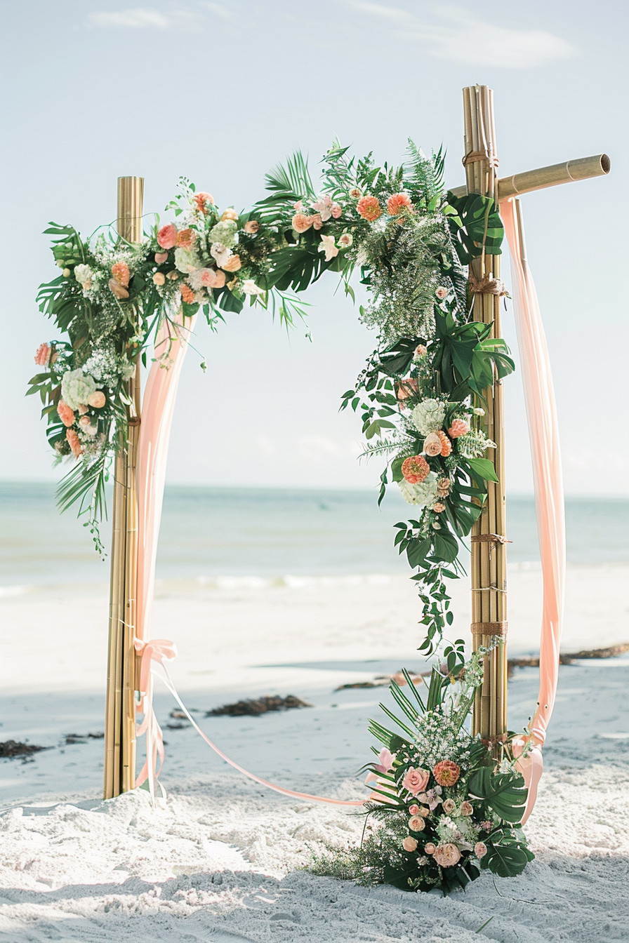 Boho beach wedding. Bamboo arch draped with peach floral garlands.